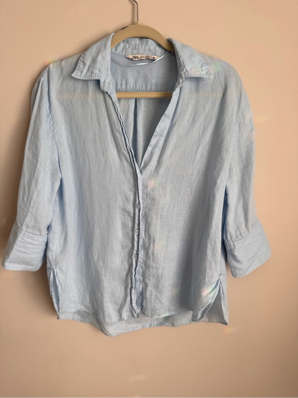 Zara 100% Linen Button Front Shirt Light Blue Oversized XS Coastal Chic - Picture 3 of 7